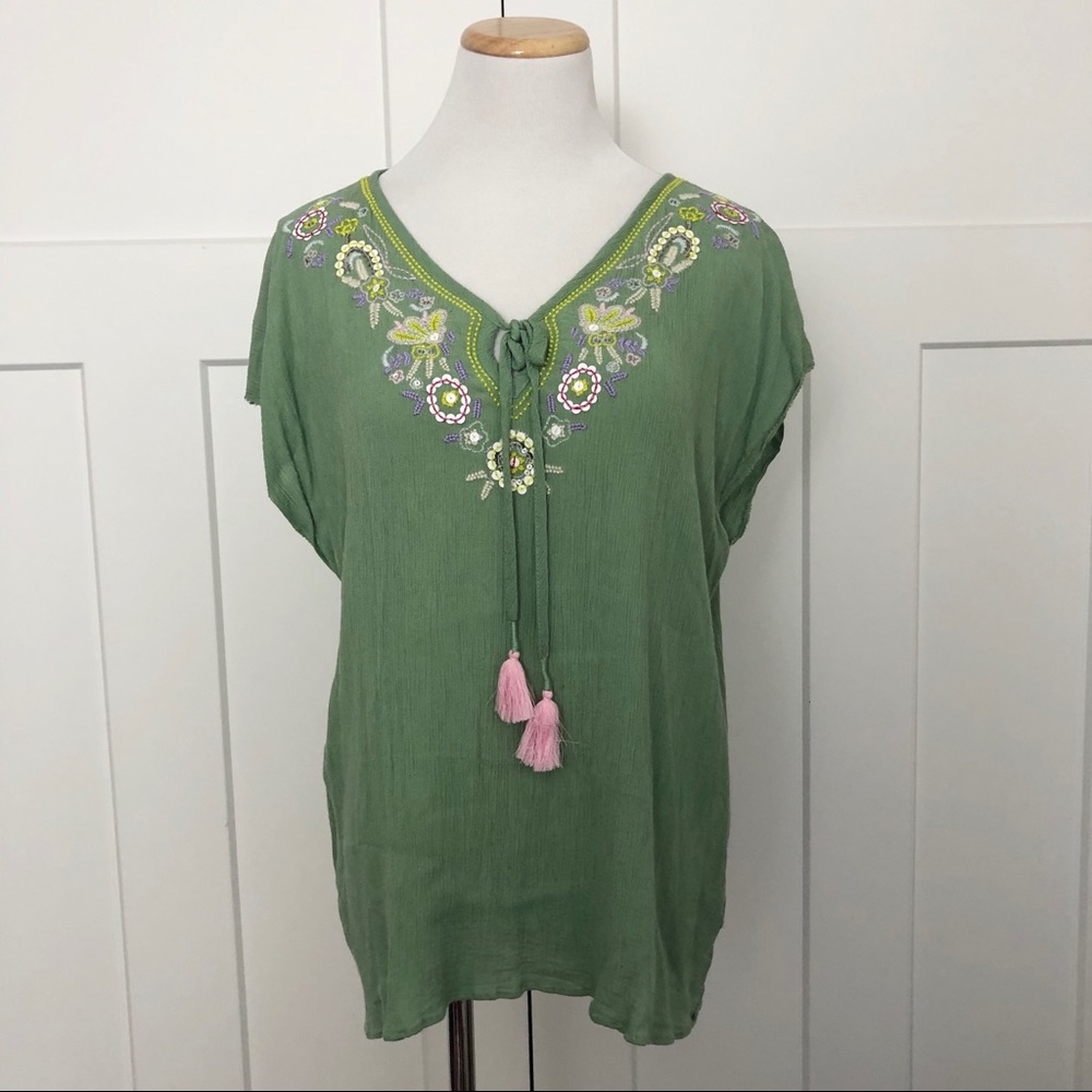 Anthropologie Floreat Tassel Embroidered Top